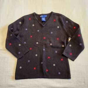 Eagle's Eye girls size 6X black knit shirt with embroidered flowers, EUC